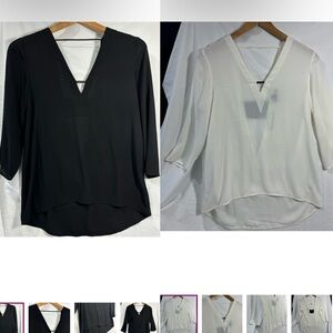 2 Express V-Neck Blouse Black & White business casual sheer plunge back chic XS